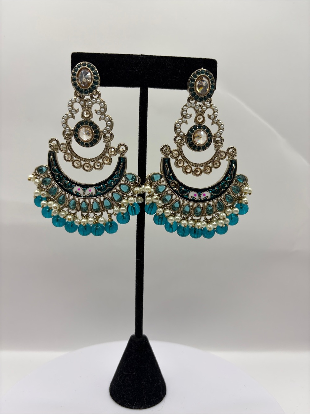 Handcrafted Teal and Gold Statement Chandbali Earrings - Women Jewelry